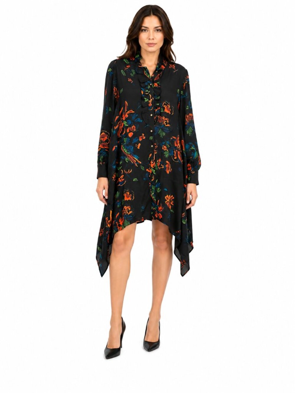 Tory Burch Cora Ruffled Belted Dress Size 8 Black Floral Print Asymmetrical Hem